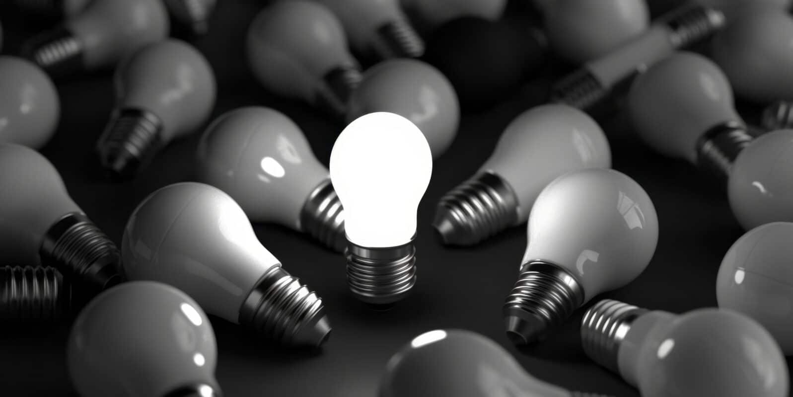 A pile of light bulbs, one bulb is glowing bright while the others are dark can symbolize creative thinking or innovative ideas being born from simple concepts Generative AI