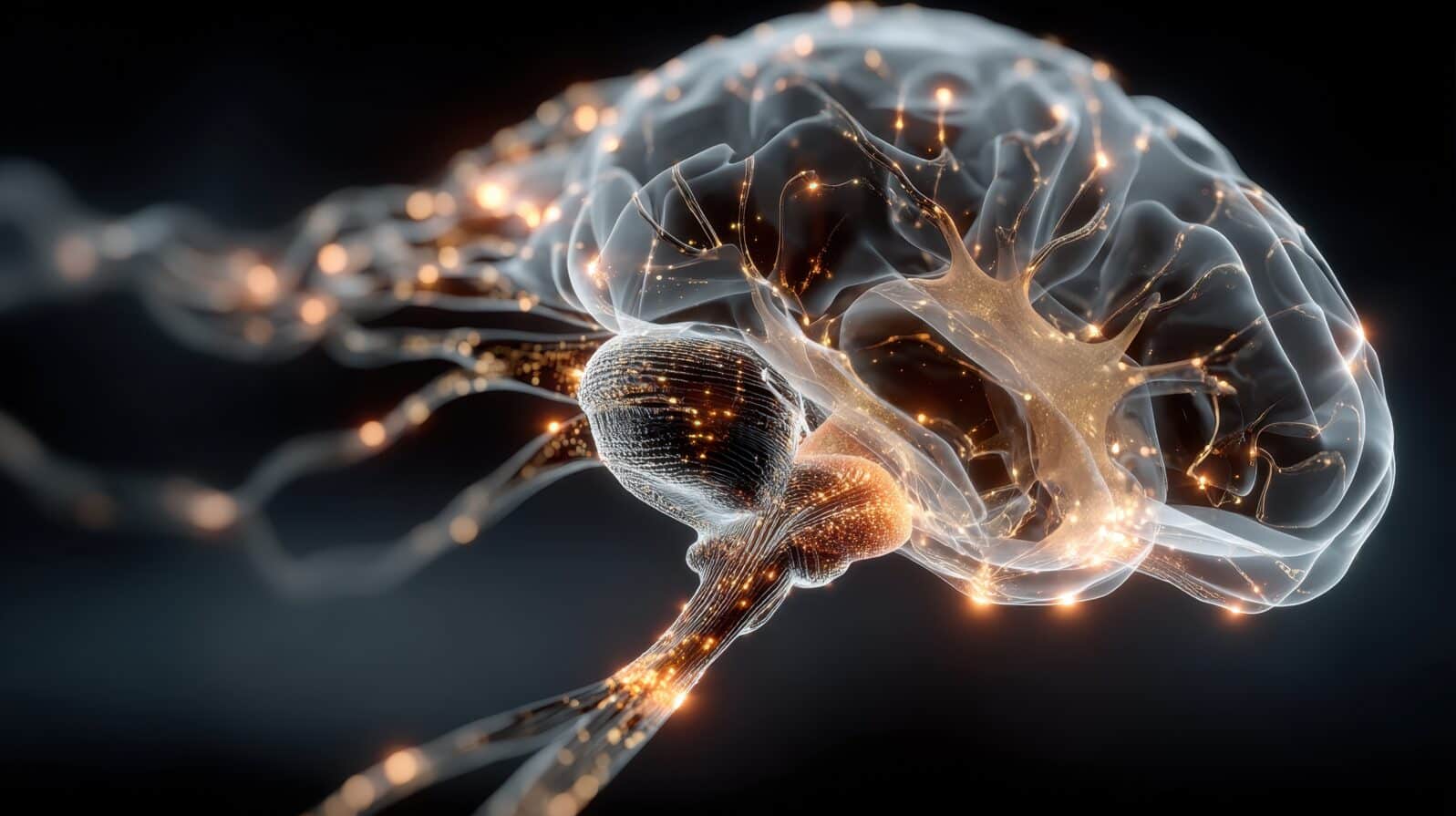 A stunning illustration of a brain depicted with glowing neural connections and lights, representing creativity and intelligence abstractly.
