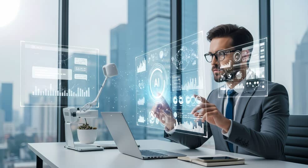 Businessman use artificial intelligence AI technology for enhanced work efficiency data analysis and efficient tools, Unlocking work potential with AI solutions chatbot help solve work problems.