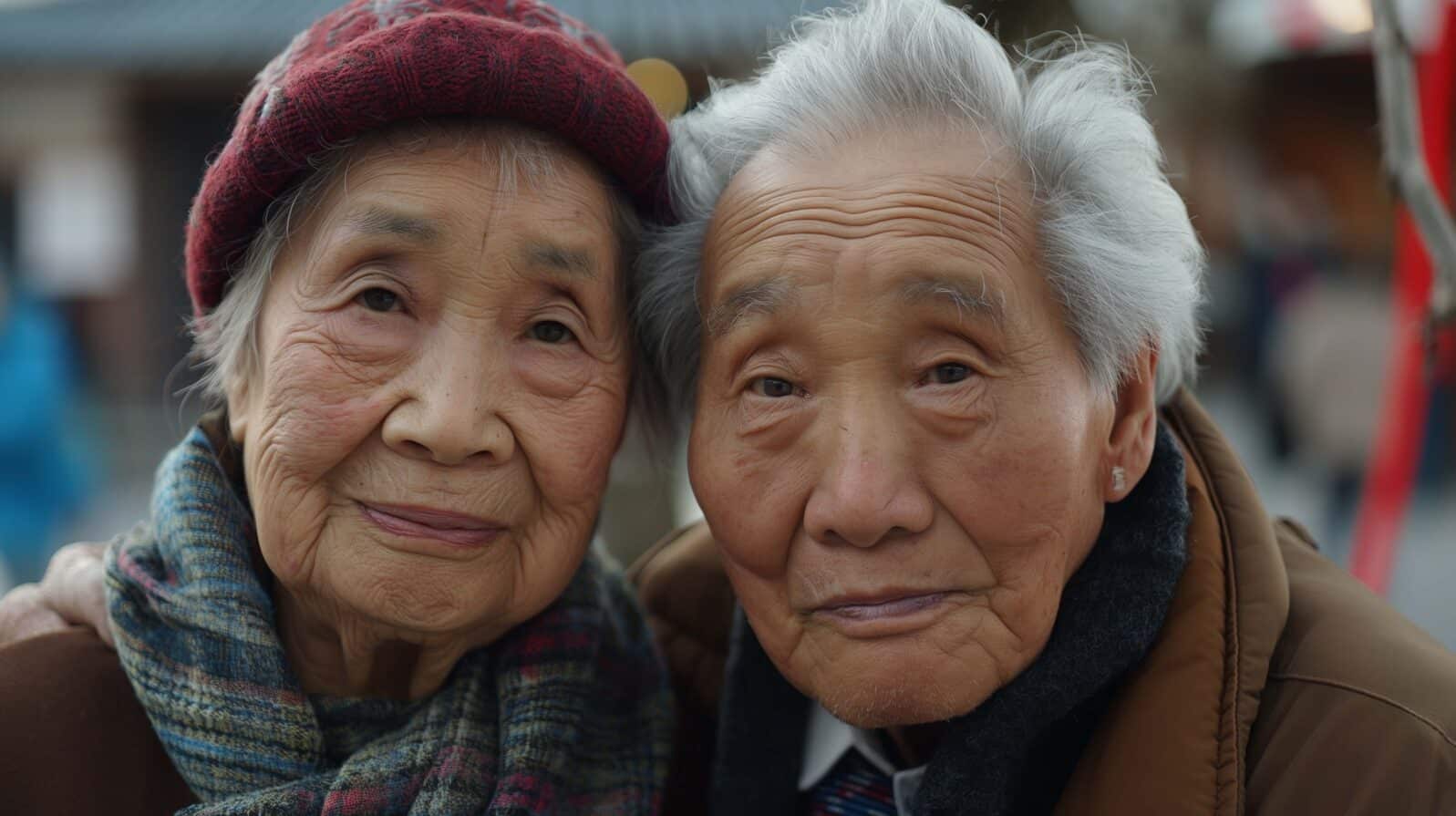 Chinese elderly couple warmly dressed for cold weather portrait image. Grey hair asian people picture photorealistic photography. Affection and companionship concept photo realistic