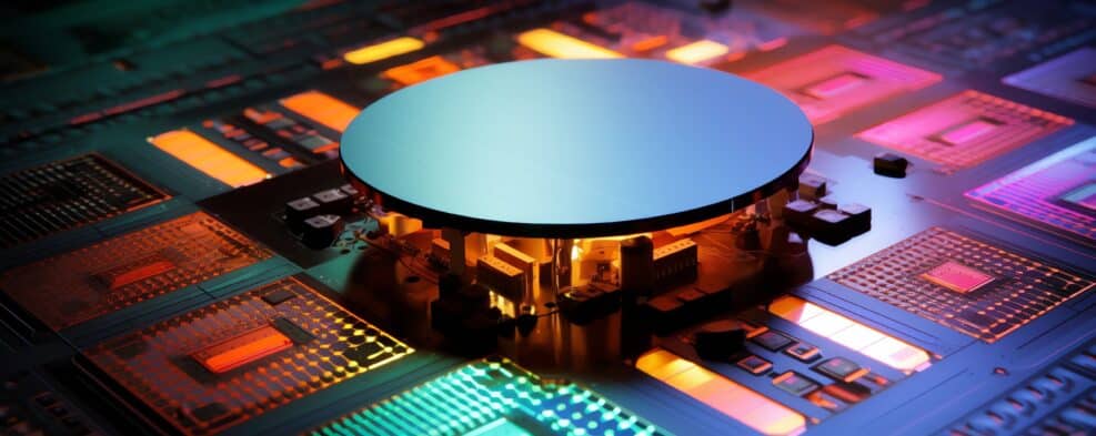 Close-up of a silicon wafer on a circuit board.