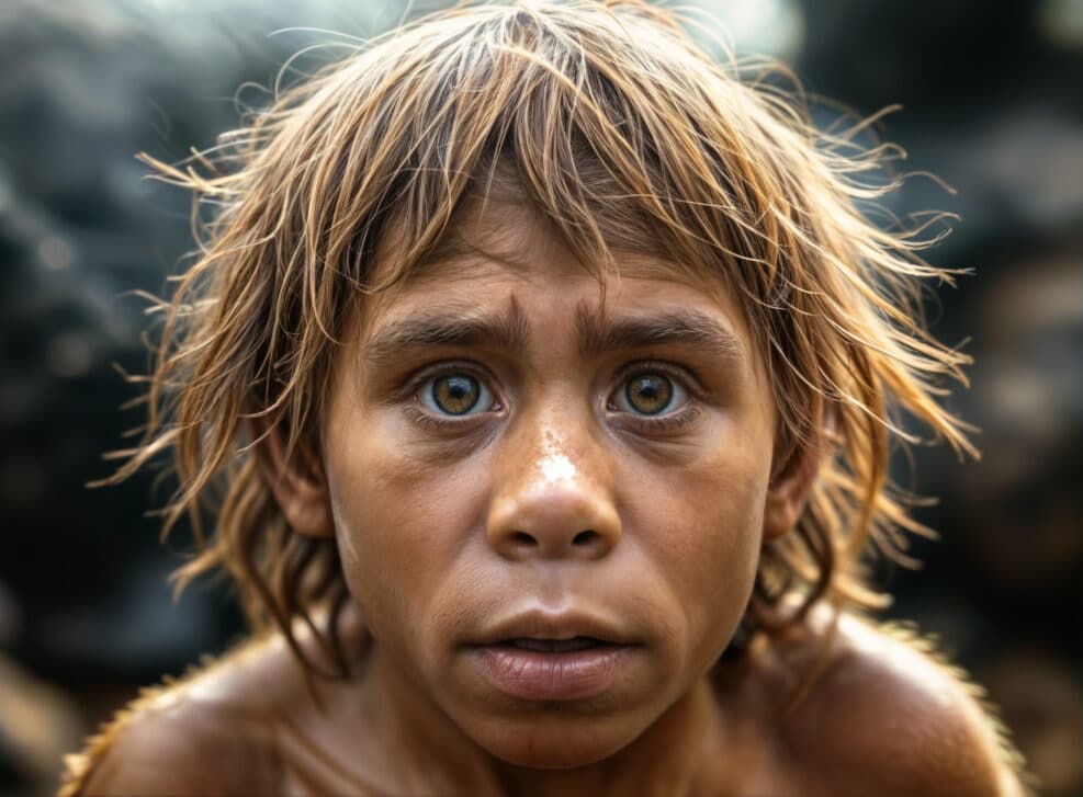 Close-up portrait of a neandertal kid - Generative AI
