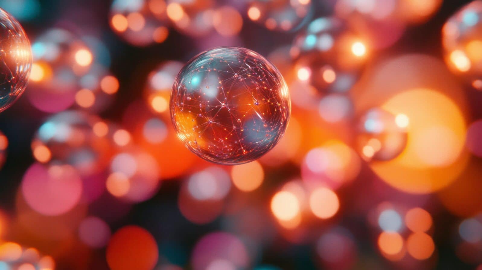 Conceptual design of quantum mechanics, featuring particles entangled in a network of energy waves, illustrating the interconnectedness and non-locality of quantum particles