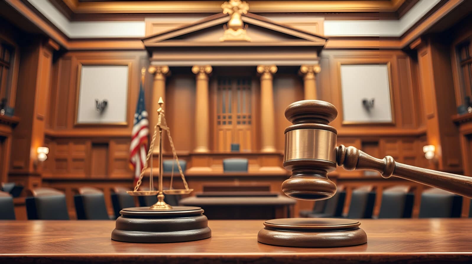 Courtroom symbolizes law and authority through a judgment gavel