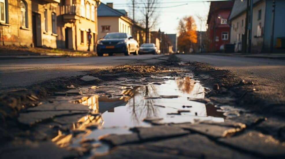 Crumbling infrastructure: urban decay and deteriorating roads with potholes in the heart of the city