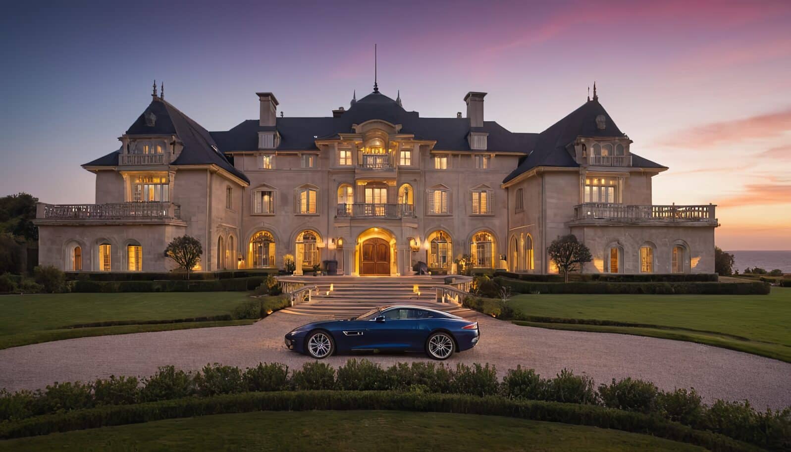 Empty driveway in front of the big white luxury dream house in the evening. Residential home building exterior, expensive dwelling, wealthy rich family property and yard. Glowing mansion