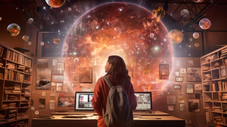 Futuristic Scholar teen Girl in School Ambience, generative ai