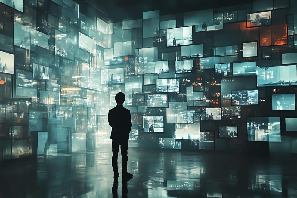 Man facing digital screens, information overload concept