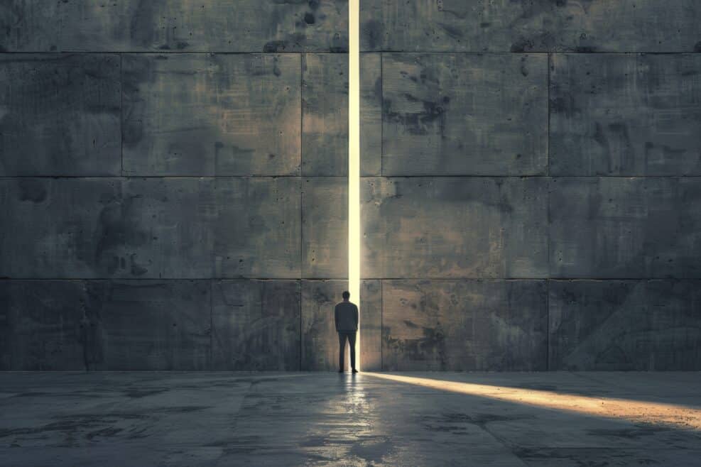 Silhouette of a man standing in front of a gigantic wall, sunlight shining through a narrow gap, symbolic image for near-death experience, hope, depression, life crisis, psychology, grief, redemption, AI generated, AI generated, AI generated