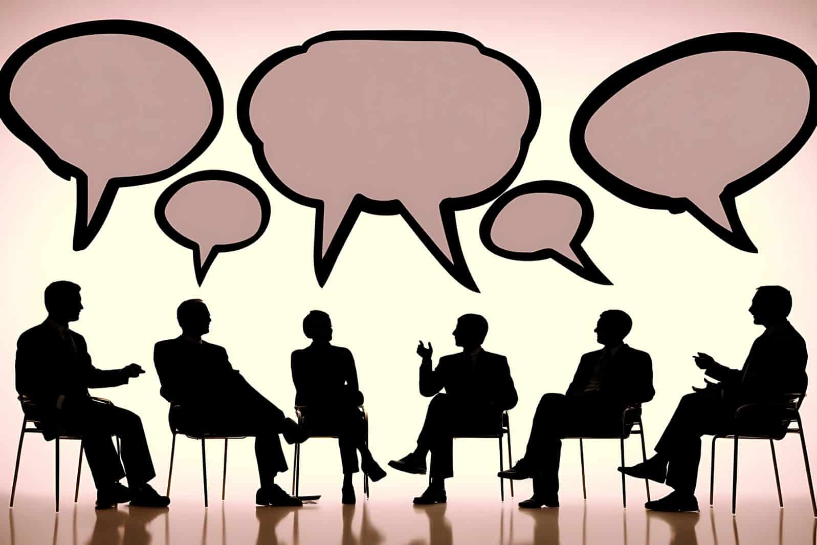 Silhouettes of people in discussion with thought bubbles overhead.