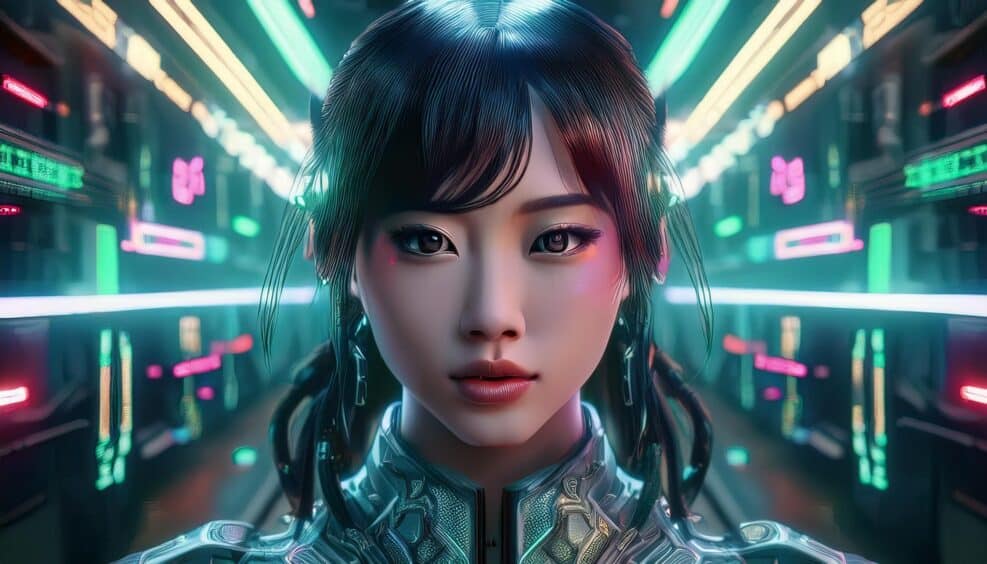 近未来のサイバーパンクの時代を生きる若いアジア人女性のイラスト ネオン