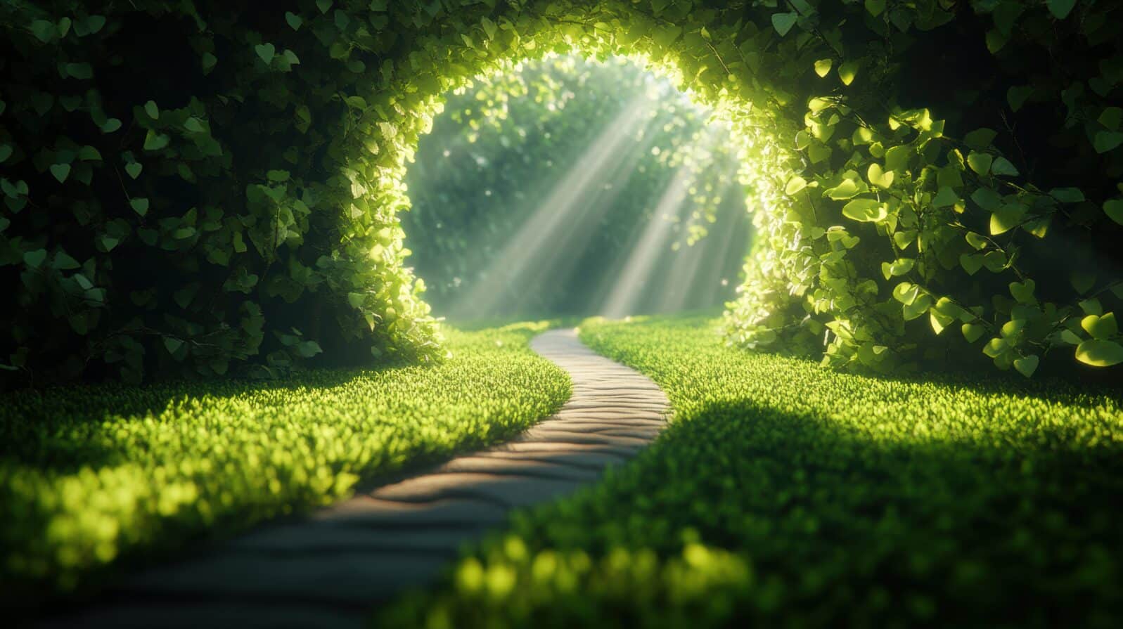 The trail disappears into a tunnel of light, leading to a realm where shadows are reversed and reality is distorted, creating a surreal and dreamlike atmosphere.