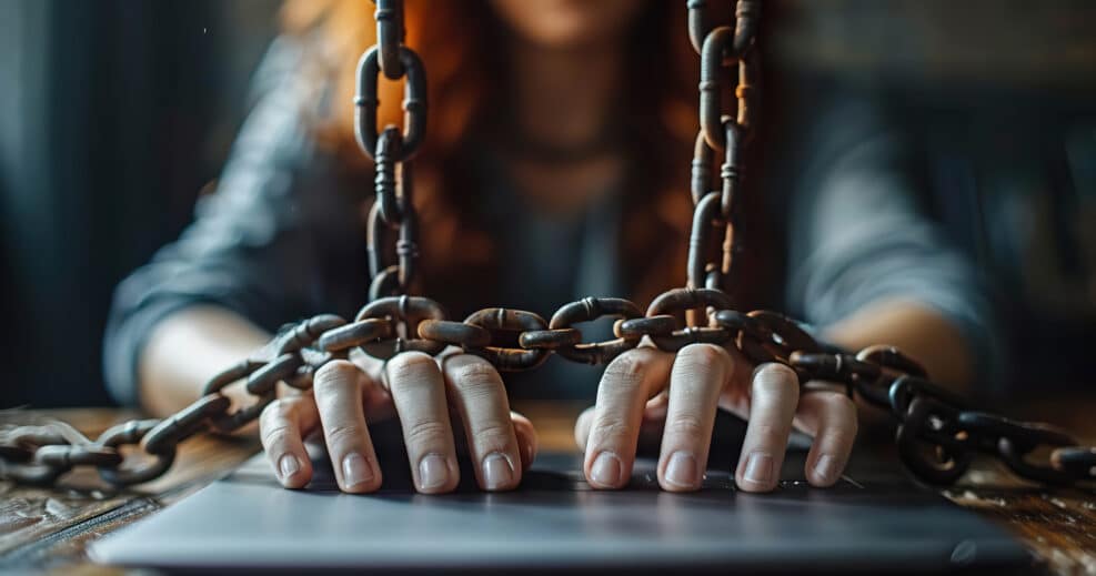 Woman chained to a laptop, symbolizing internet and social media addiction. Generated by AI
