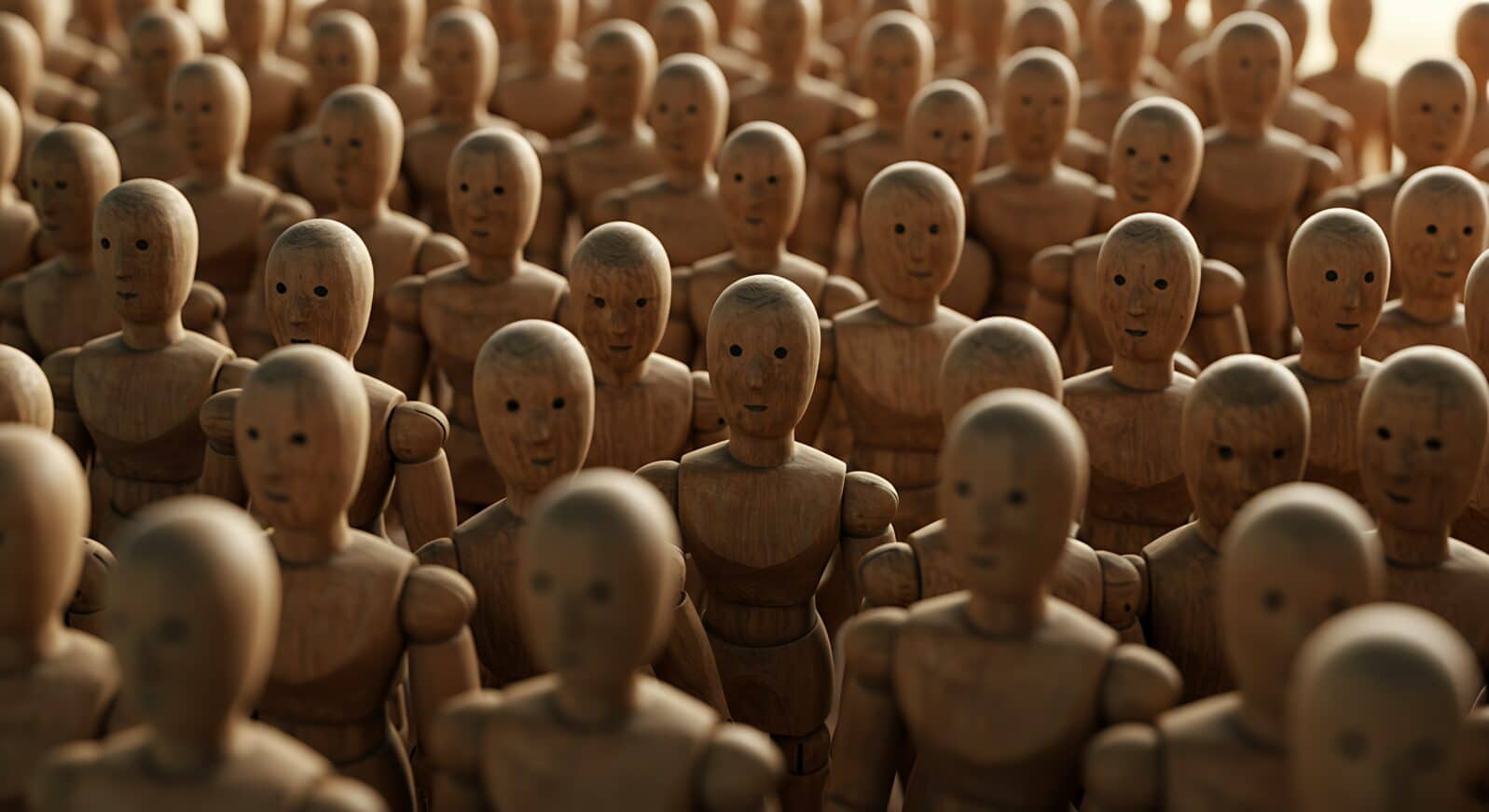 Wooden mannequin crowd evokes themes of conformity, anonymity and loss of individuality