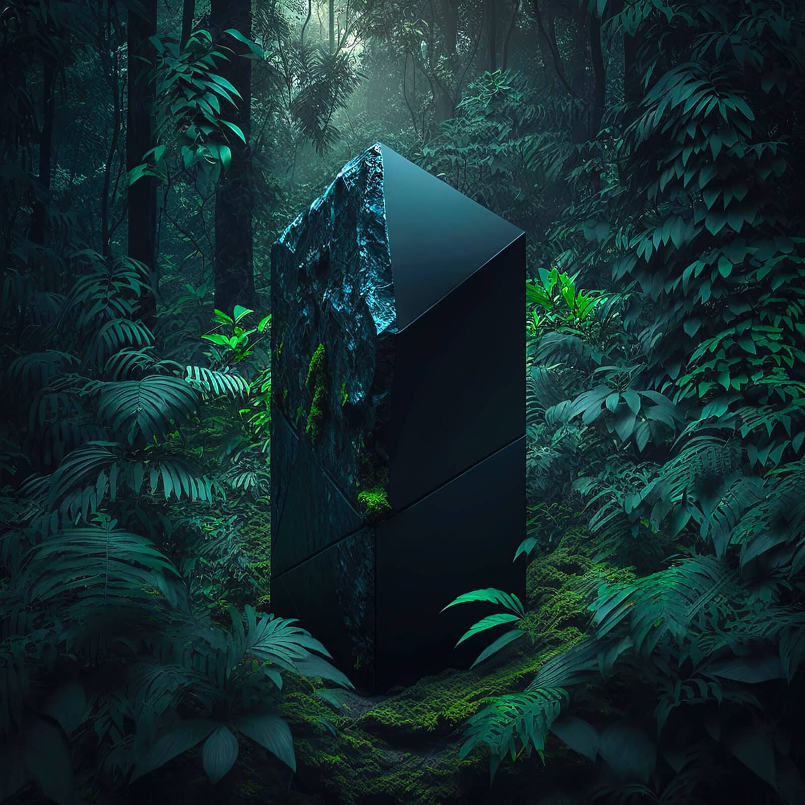 Black stone monolith in ancient jungle, portal or a sign of civilisation. Generative AI