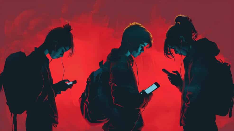 Cell phone addiction concept. Many teens hold smart device. Social media like obsession. Online communication problem. People watch mobile gadget screen. Art illustration. Cyberspace internet network.