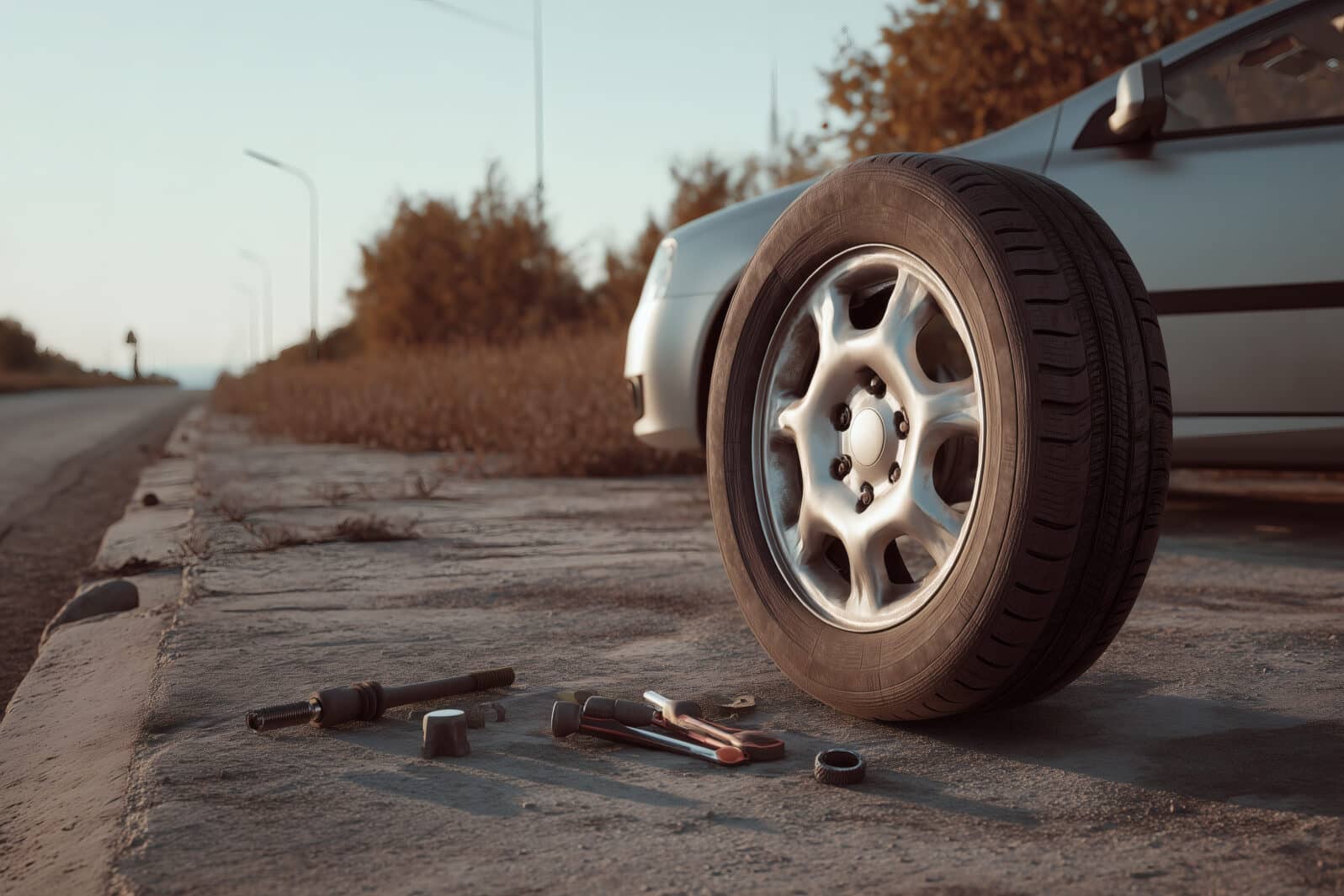 Changing tire on roadside, spare tire and tools visible, car nearby, outdoor maintenance situation