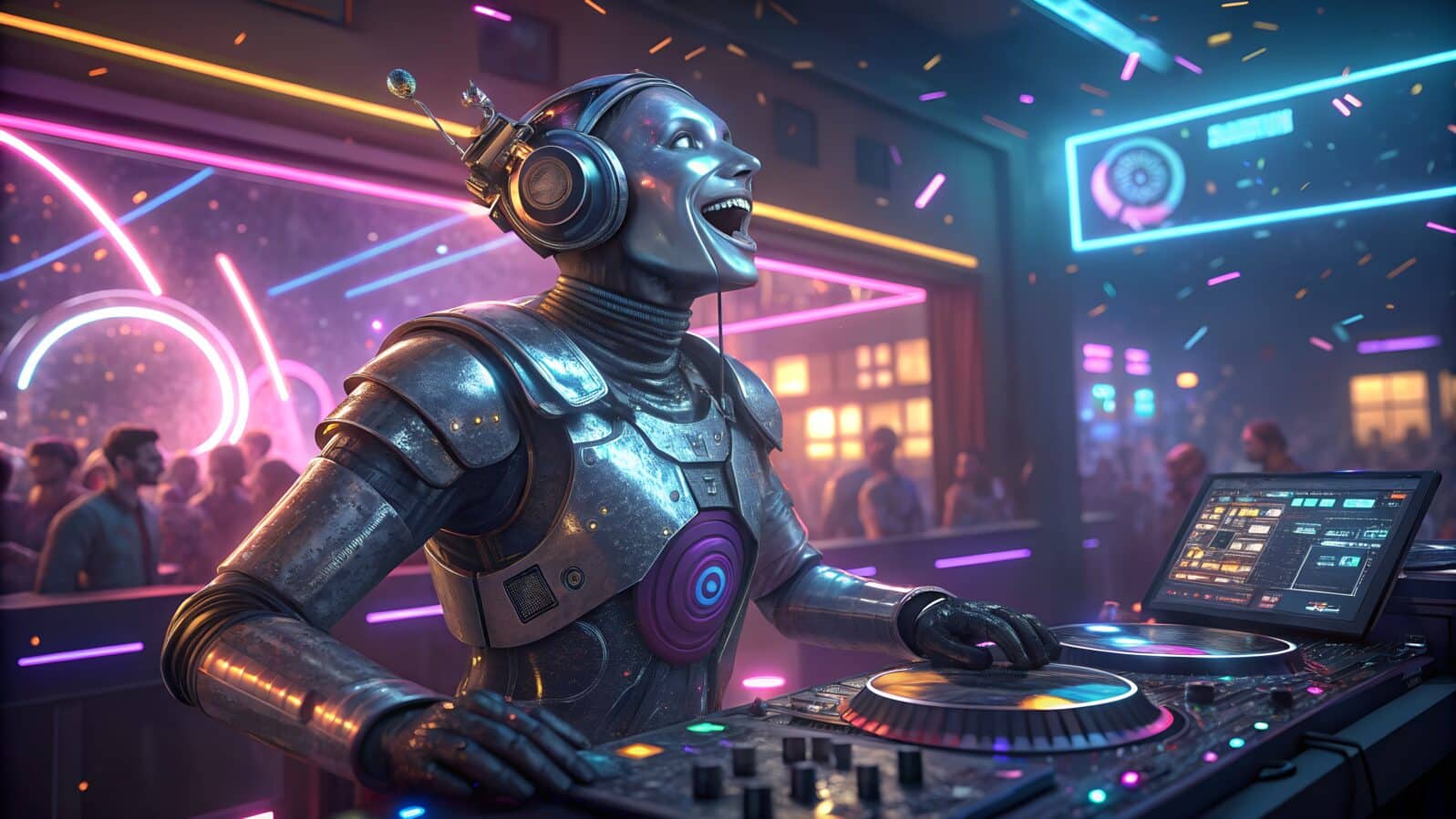Cybernetic DJ Sets the Beat: A futuristic cyborg DJ in a vibrant club, surrounded by neon lights, hypes up the crowd.