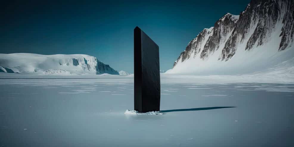 nature photograph of tall, skinny vantablack monolith on a flat glacier AI-Generated