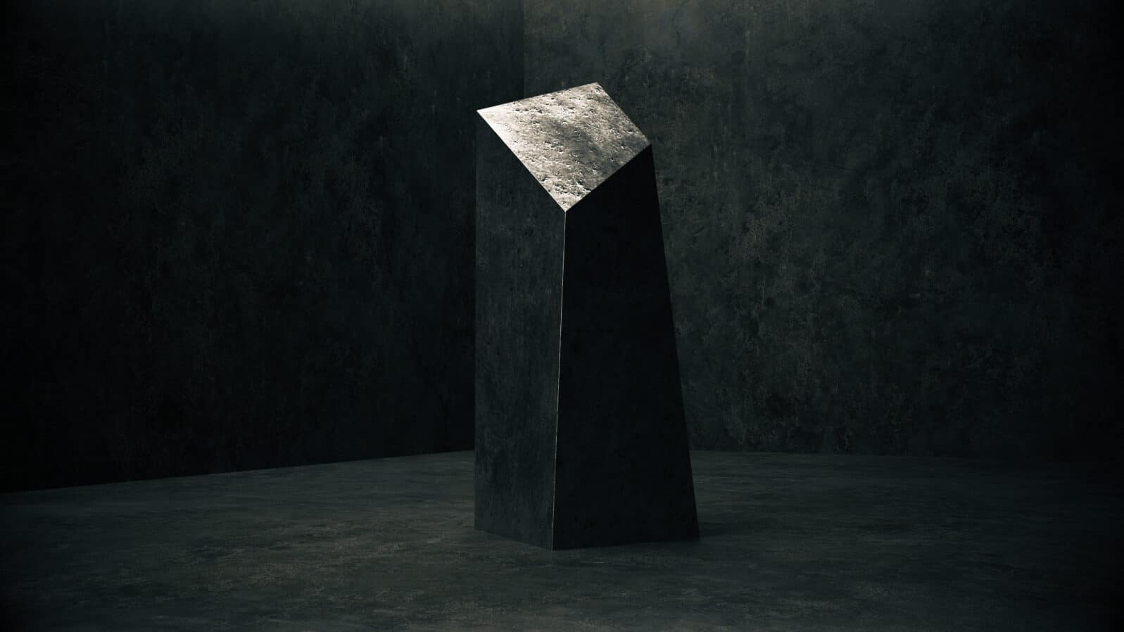 Sci Fi Modern Concrete Cement Futuristic Garage Empty Space whith metallic monolith, 3D Rendering illustration