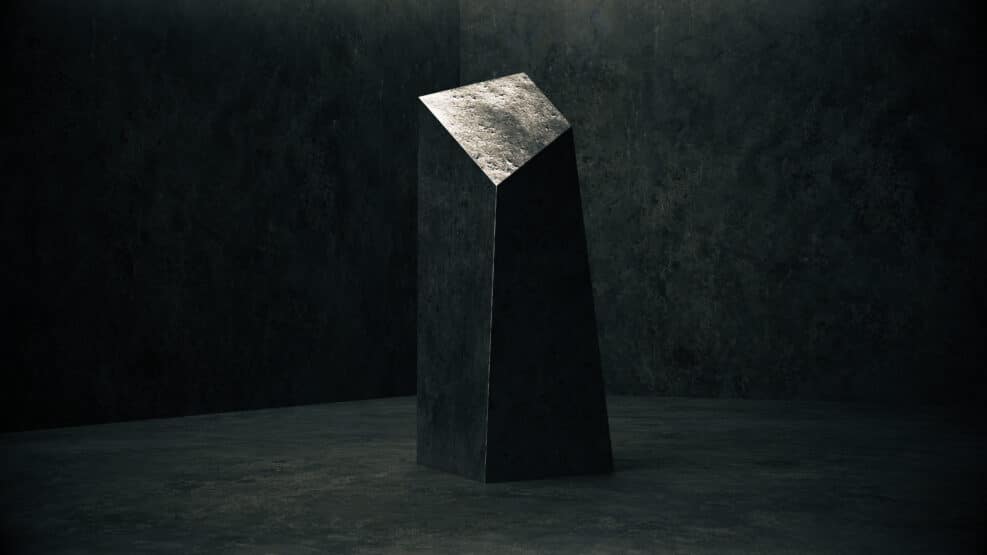 Sci Fi Modern Concrete Cement Futuristic Garage Empty Space whith metallic monolith, 3D Rendering illustration