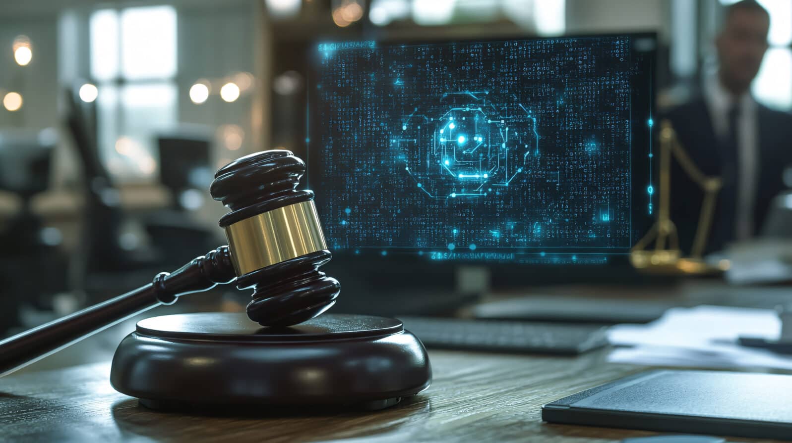 A gavel rests on a desk, with an AI screen in the background symbolizing the legal implications of artificial intelligence in the field of technology and law.