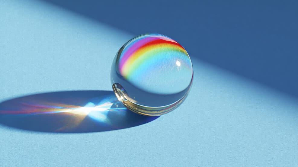 A close-up shot of a clear crystal ball with a rainbow spectrum inside casting a shadow