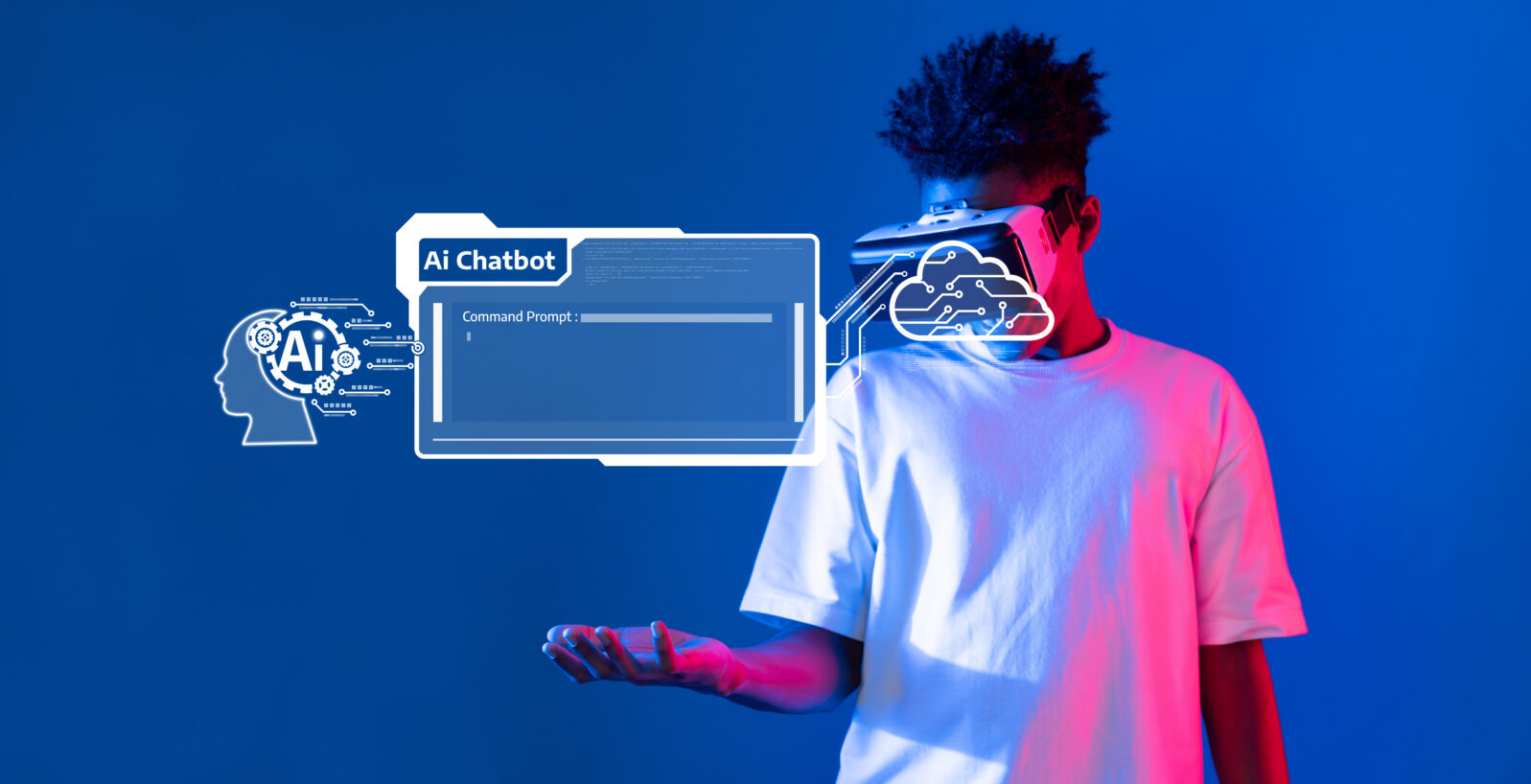 A young person engages with a virtual reality headset, interacting with an AI chatbot interface, set against a vibrant blue background, showcasing technology potential. XDMCP