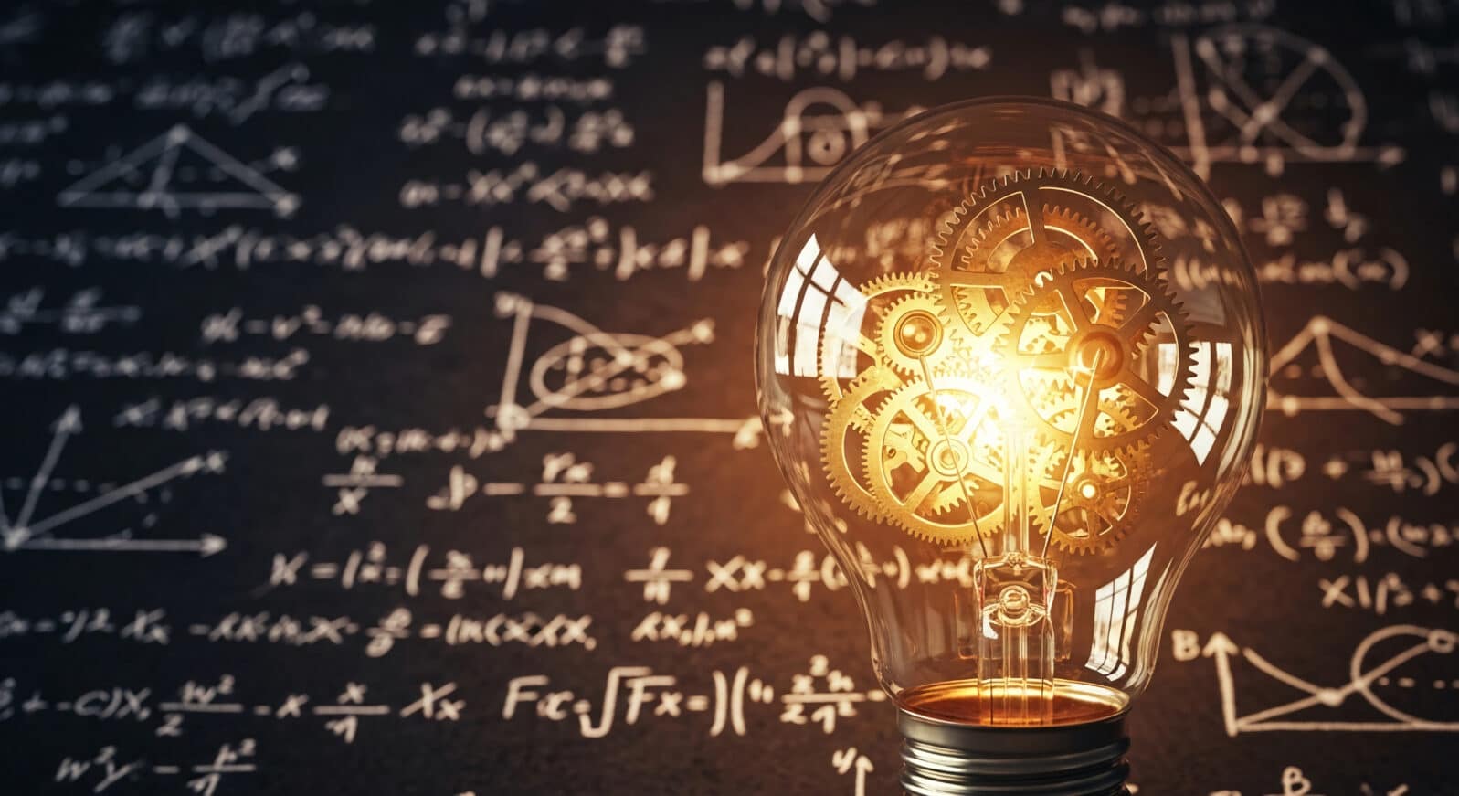 Glass lightbulb with golden gears inside, set against a backdrop of mathematical equations, symbolizing innovation, problem-solving, and the mechanics of ideas