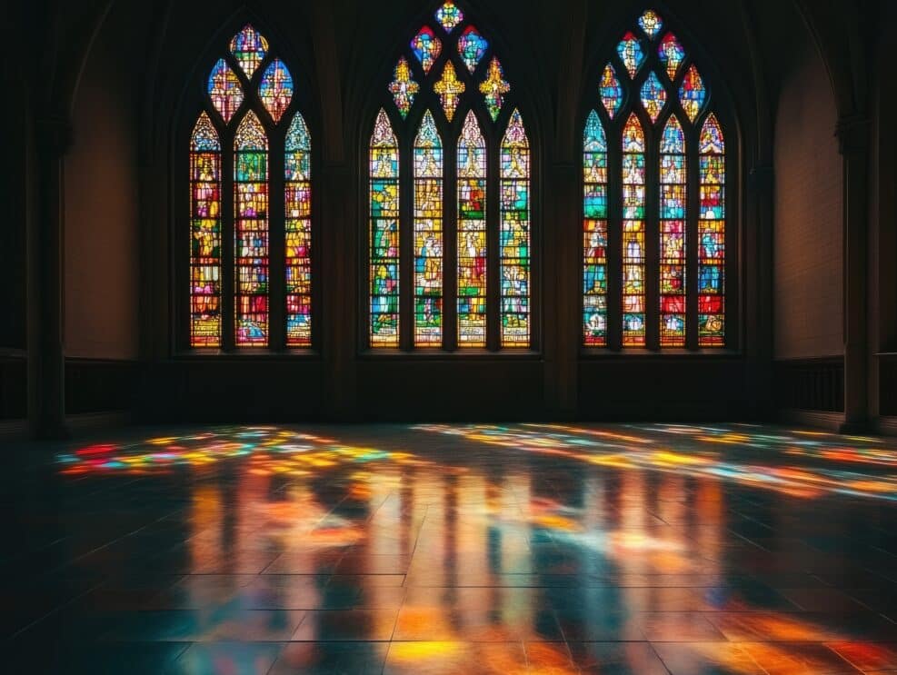 Stained glass church windows illuminate floor