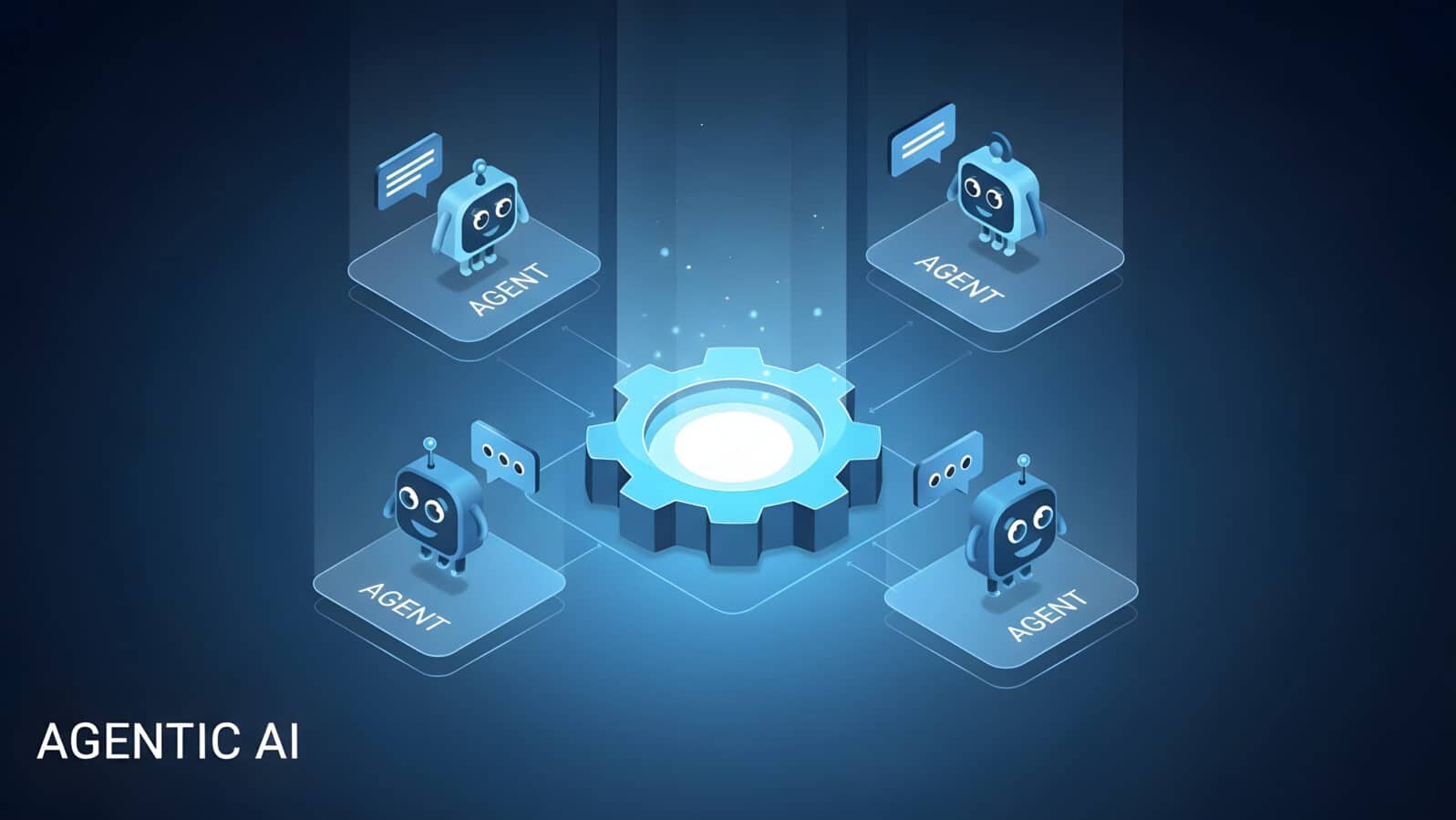 Agentic AI Multi Agent System Network Isometric Infographic with Central Gear Coordination Multiple AI Agents Chat Bots Connected Futuristic Glowing Blue Background Vector Illustration