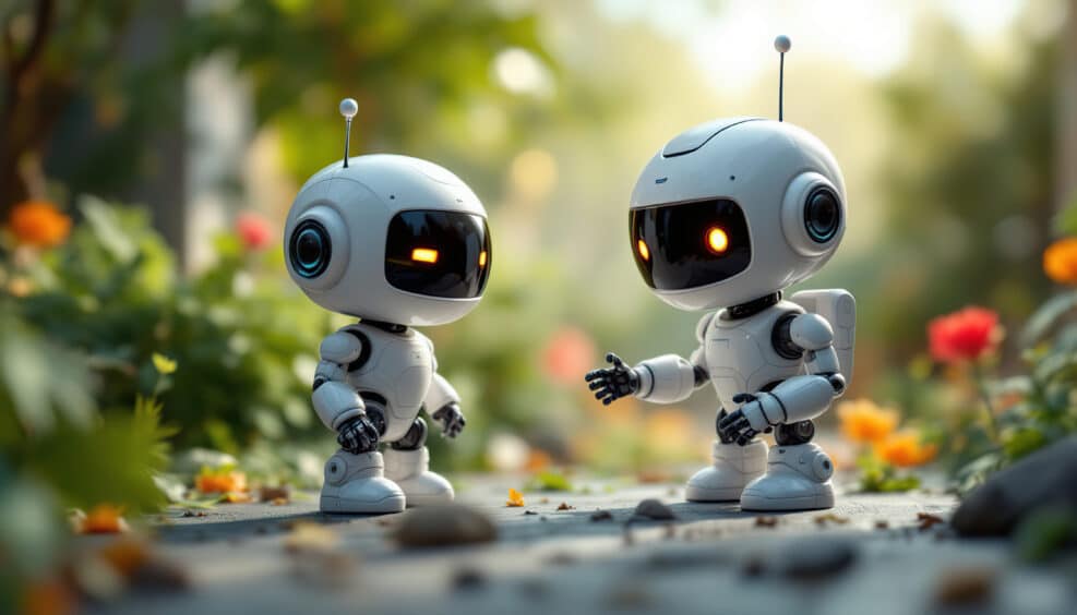 Two Small Robots Interact in a Garden Setting