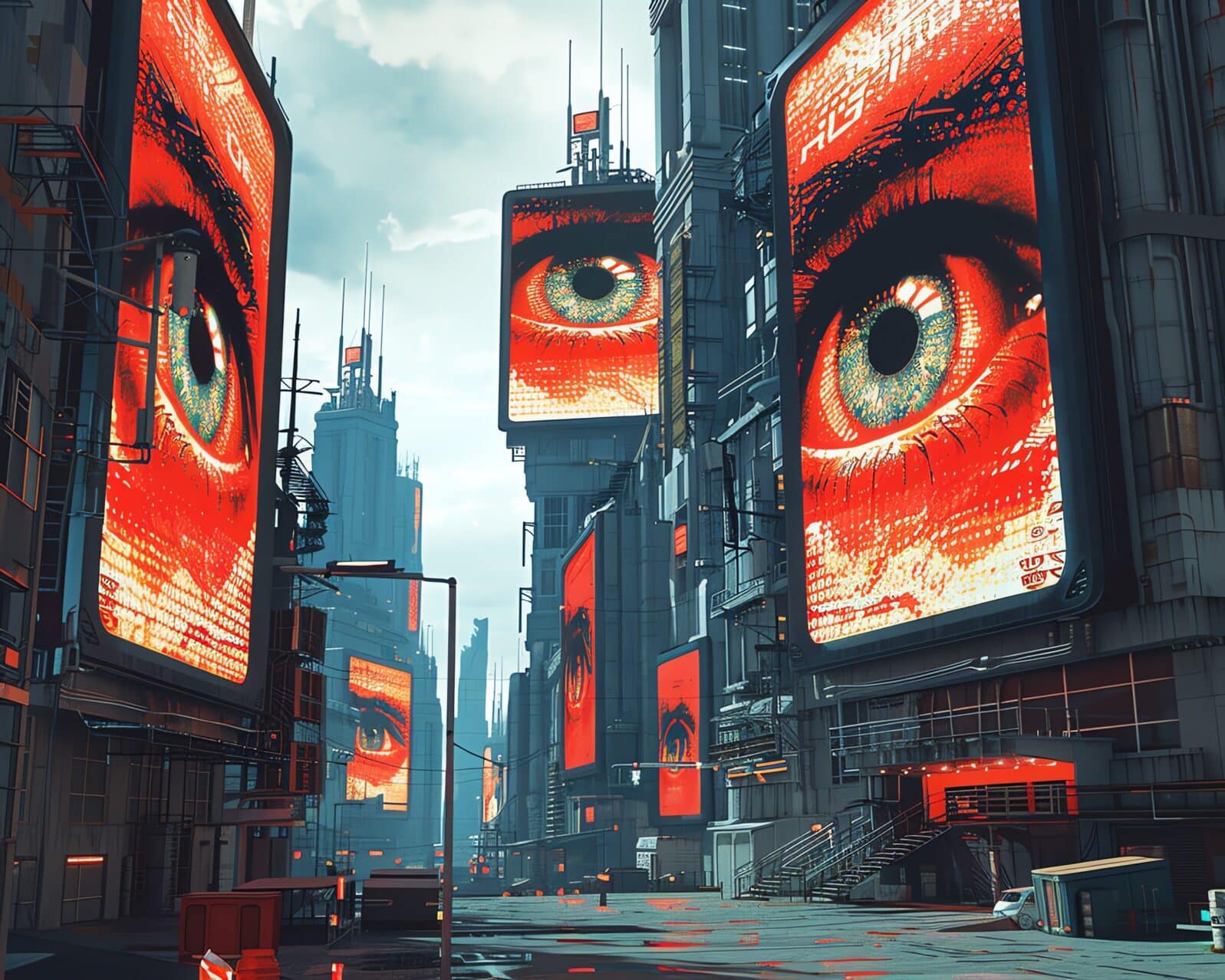 a digital photorealistic illustration from an eye-level perspective Imagine a dystopian cityscape with towering screens displaying Big Brothers