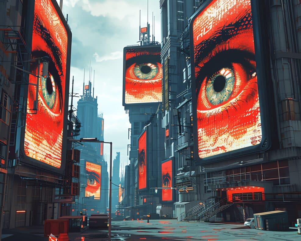 a digital photorealistic illustration from an eye-level perspective Imagine a dystopian cityscape with towering screens displaying Big Brothers