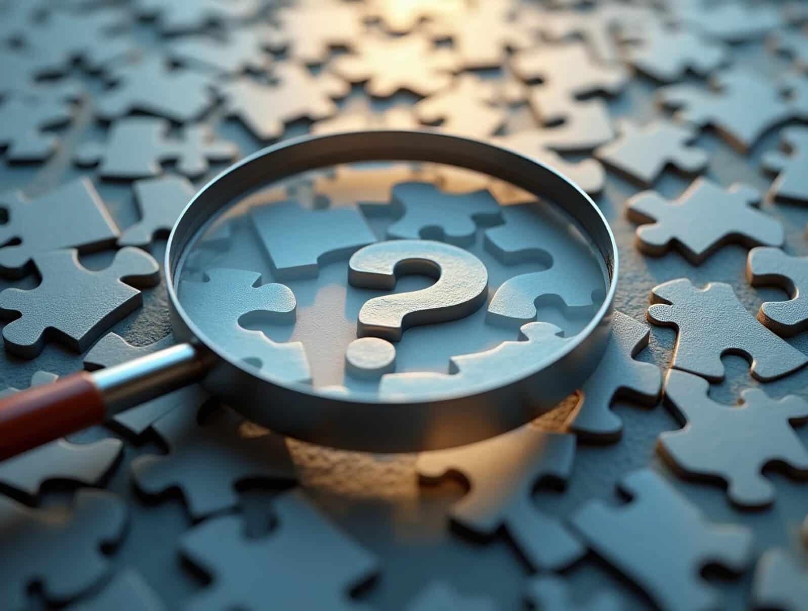 A photorealistic view of an abstract puzzle with a magnifying glass highlighting a missing piece shaped like a question mark, symbolizing problem-solving and critical thinking.