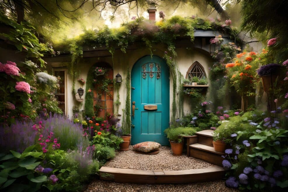 A secret garden back door with a whimsical outdoor retreat.