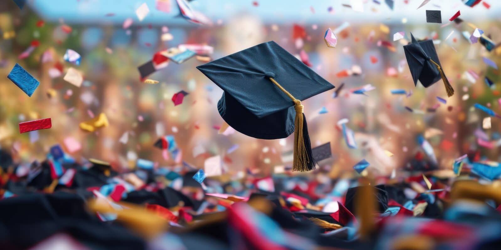 Gradution Cap with Confetti Background, Graduation Day Concept. Generative Ai
