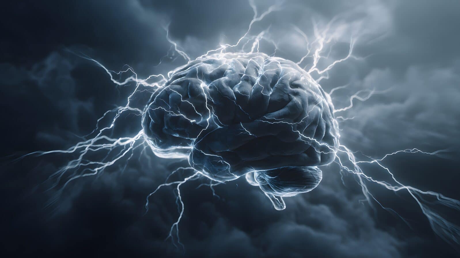 Human brain illuminated by intense lightning strikes in dark clouds.