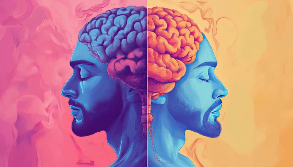 image illustrates striking representation of human mind, divided into two contrasting halves. One side features blue brain against pink background, while other s orange brain yellow