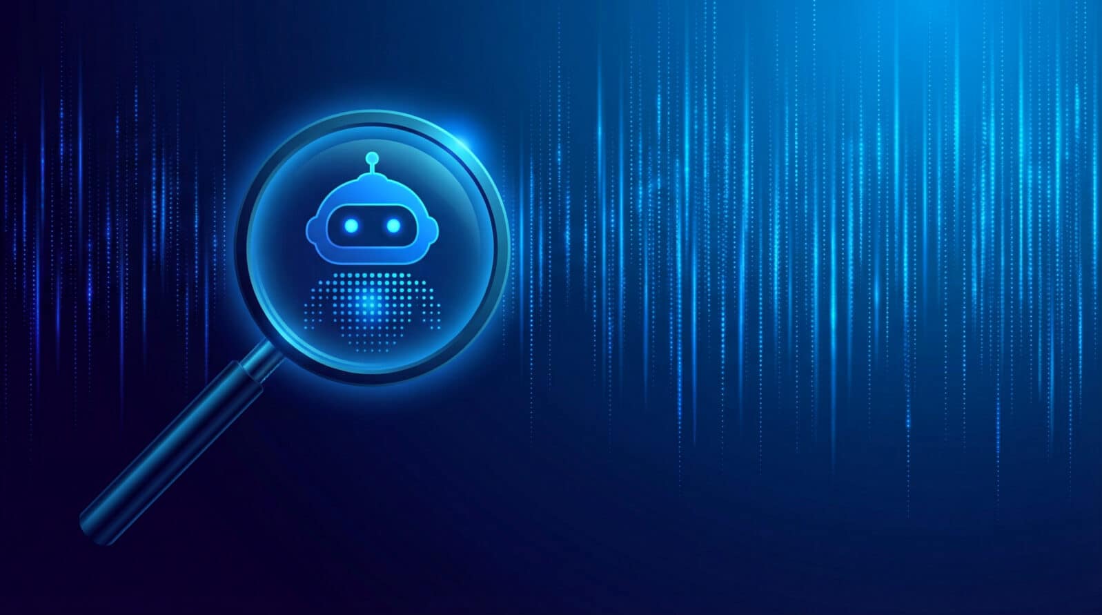 Magnifying glass focused on a chatbot icon, symbolizing AI search and digital assistance with a futuristic blue background