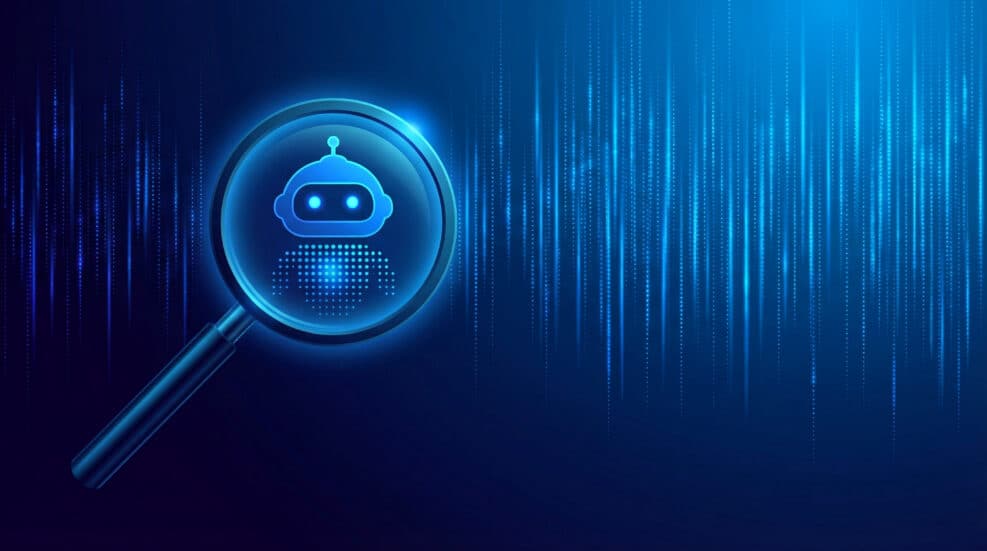 Magnifying glass focused on a chatbot icon, symbolizing AI search and digital assistance with a futuristic blue background