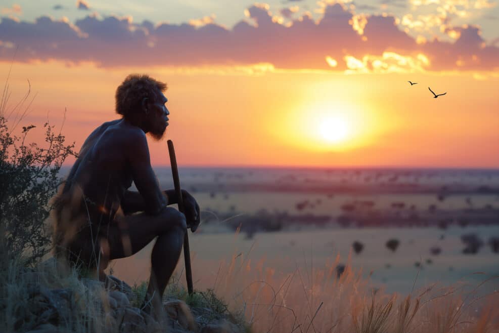 Portrait d'un Homo erectus assis et regardant le coucher du soleil