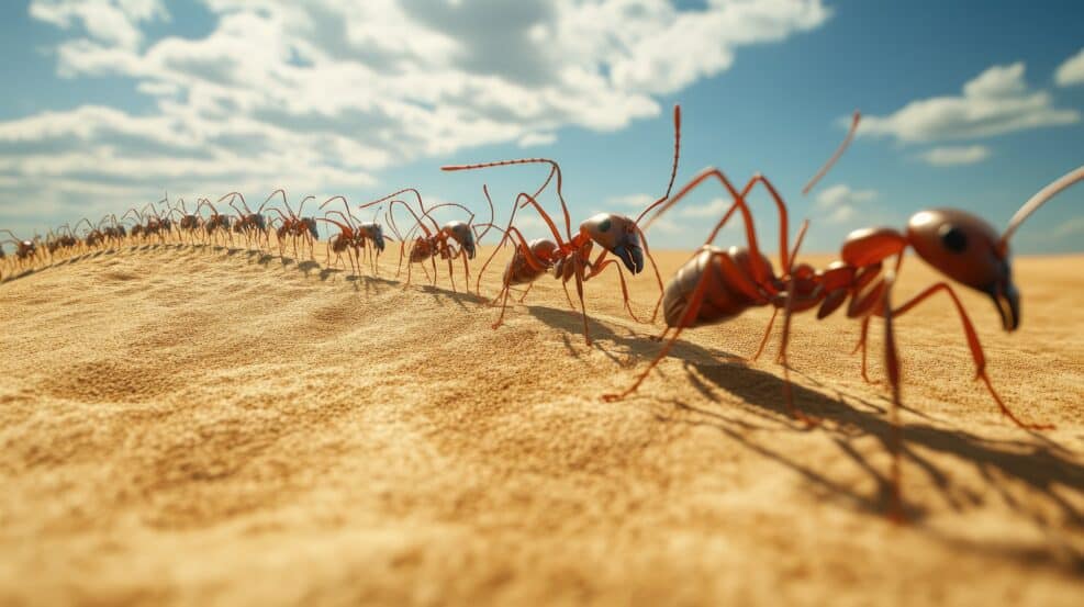 A line of ants marching across a sandy surface with a large area of empty sky above for text.