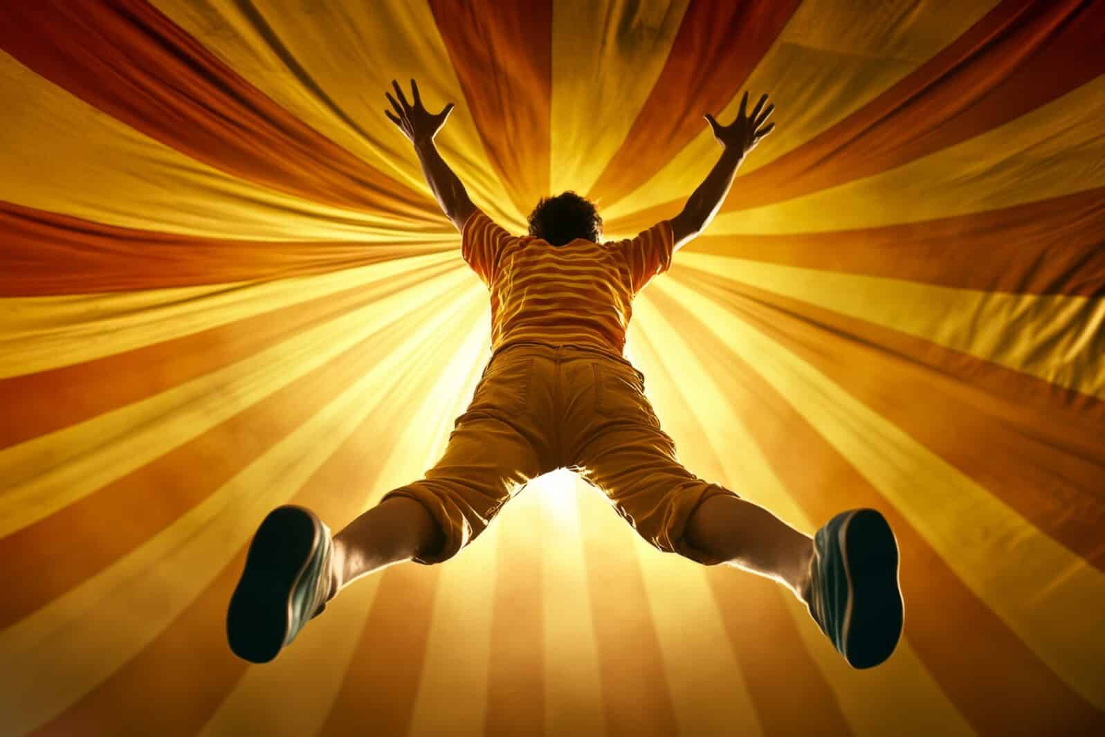 A realistic depiction of a human cannonball mid-air, soaring through the circus tent as the crowd gasps in awe
