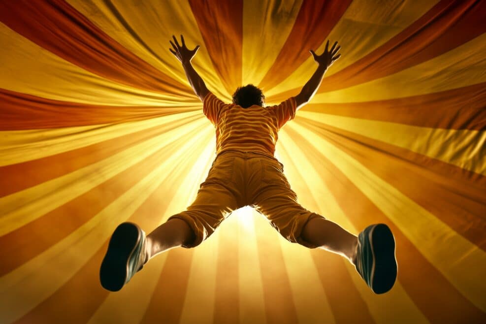 A realistic depiction of a human cannonball mid-air, soaring through the circus tent as the crowd gasps in awe