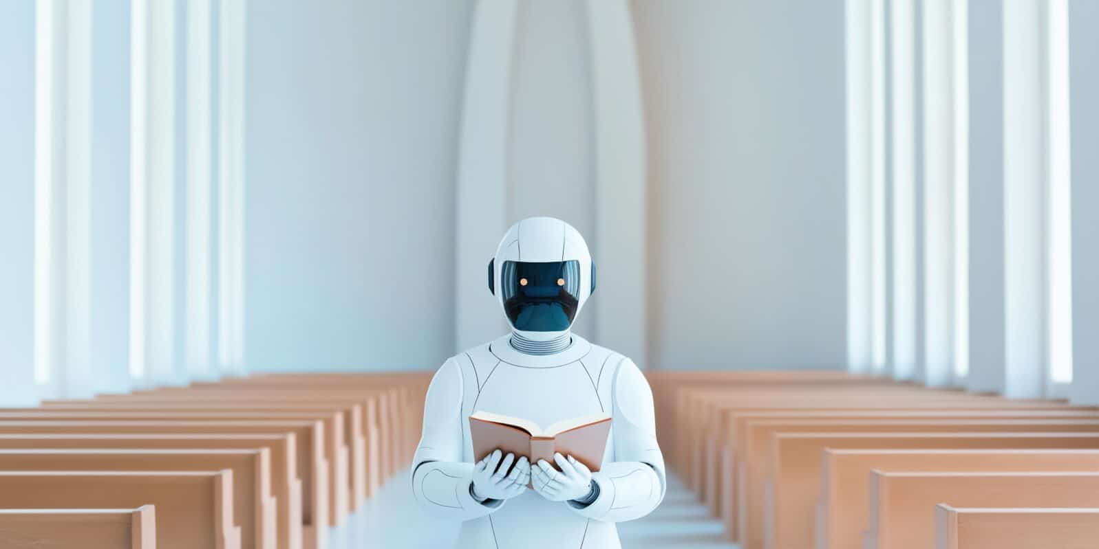 A robot is reading a book in a church. The robot is white and has a book in its hand. The church is empty and the robot is standing in the middle of the room