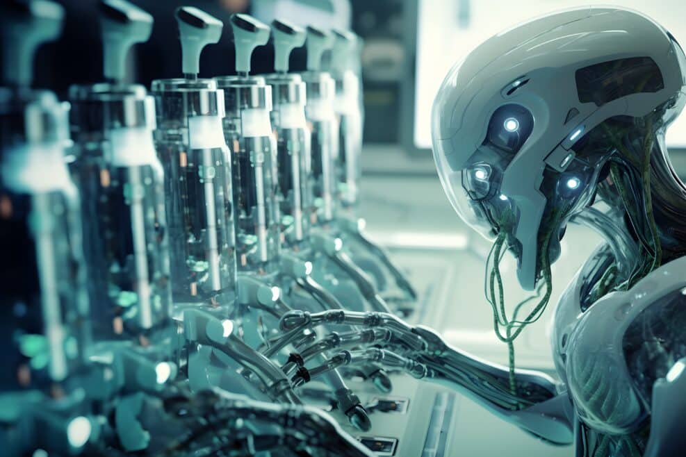 alien robot working in a biolaboratory, ai tools generated image