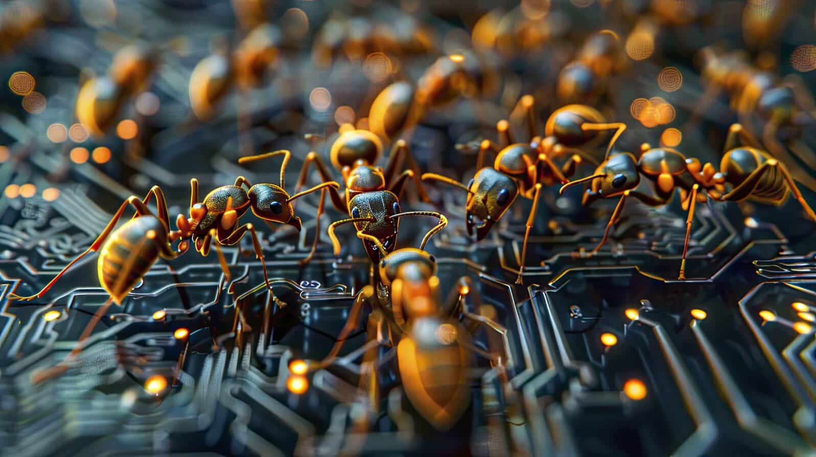Ants replicate intricate teamwork and precision like a circuit board, symbolizing tech innovation and development.