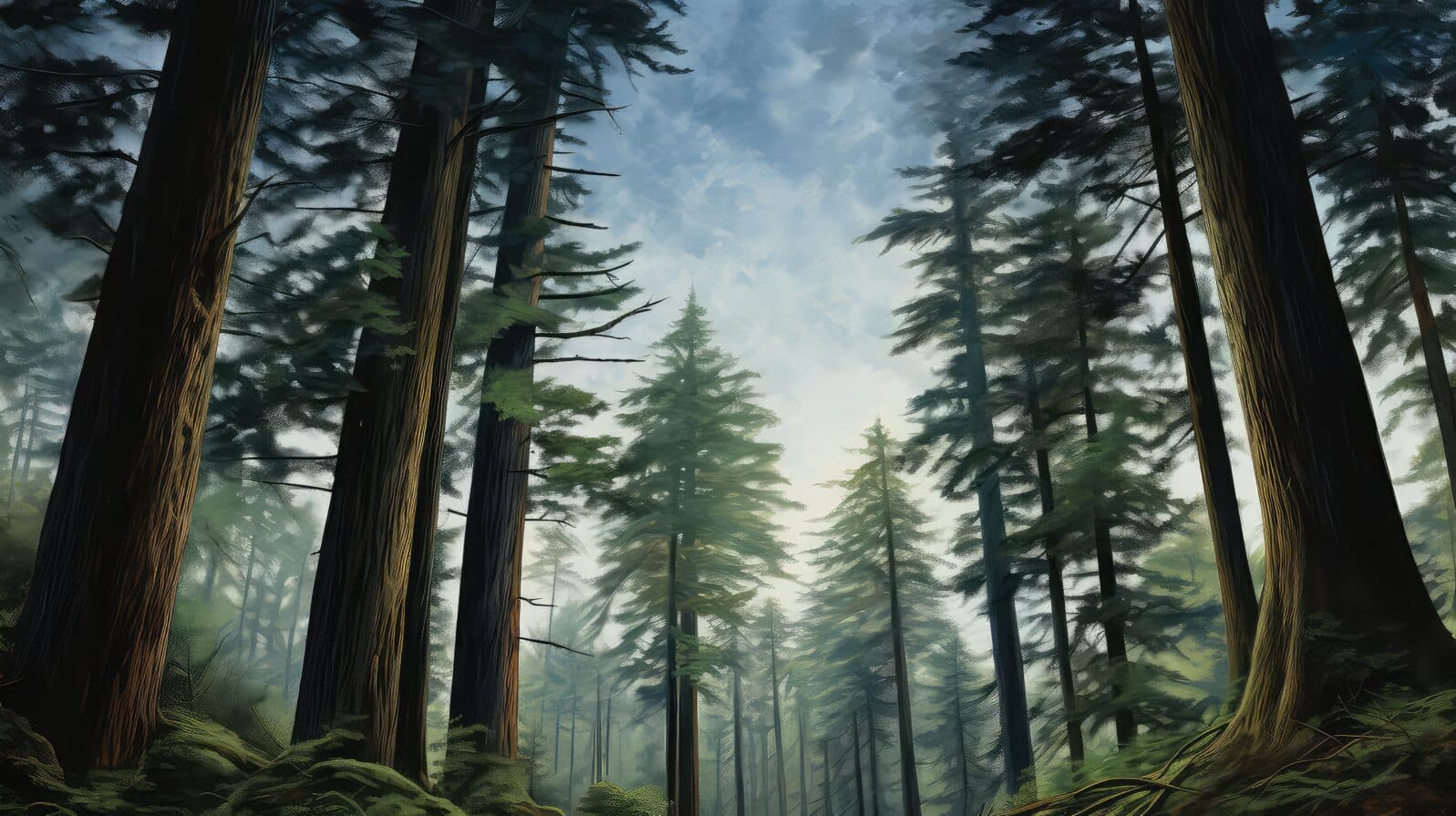 cathedral douglas fir grove illustration british landscape, green tree, vancouver trail cathedral douglas fir grove