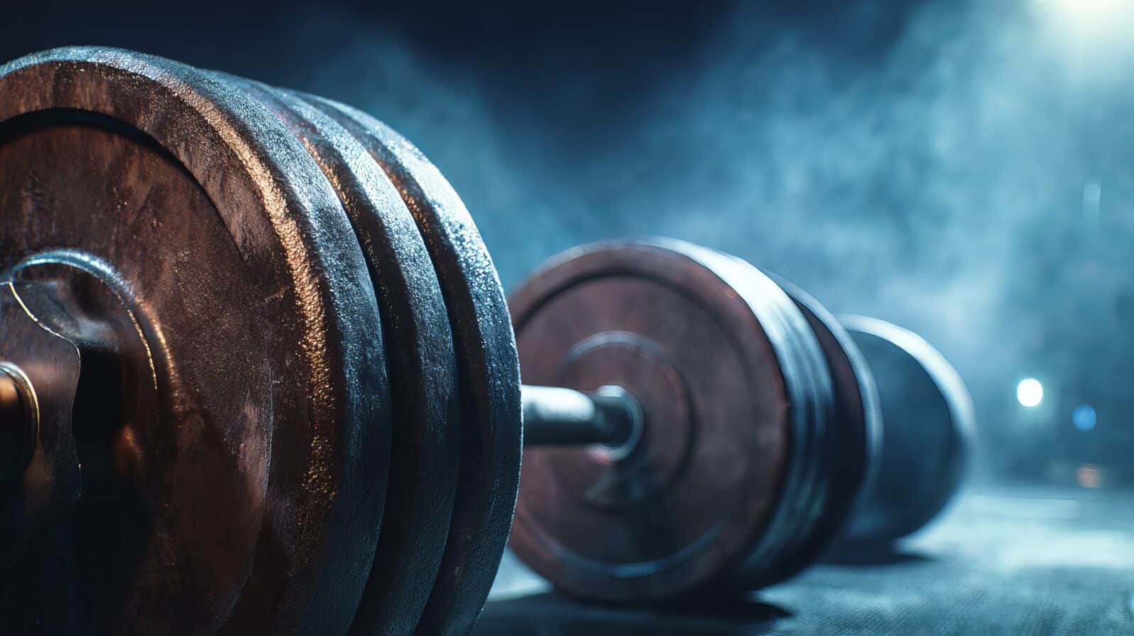 Close up dumbbell weights resting powerfully in gym, spotlight and smoke create dramatic intense atmosphere